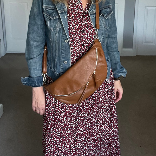 Tan Leather Large Waist Bag (silver hardware) Cathy 