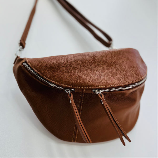 Tan Leather Large Waist Bag (silver hardware)