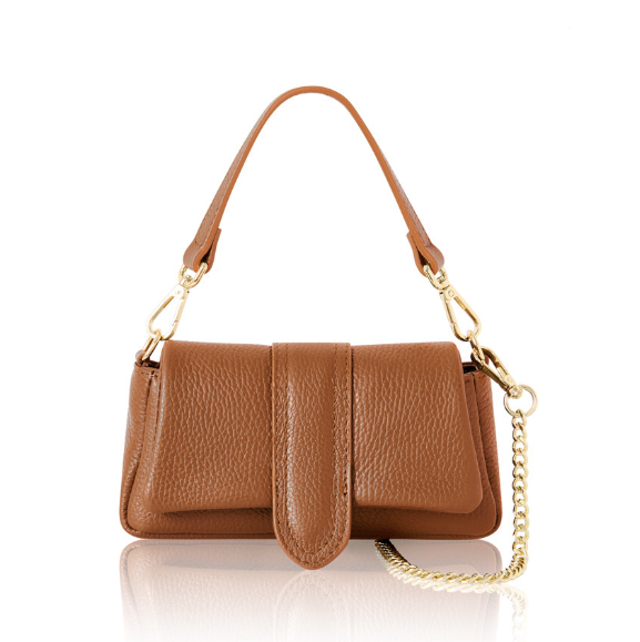 tan leather handbag with gold chain strap on a white background