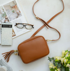 Tan Leather Tassel Cross Body Bag