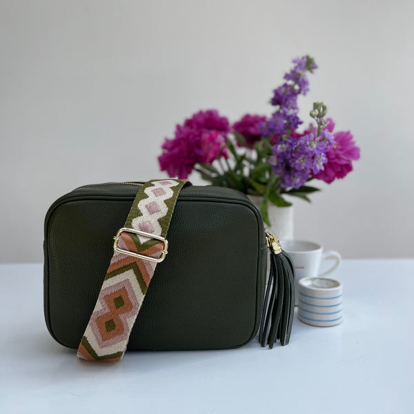 Olive Green and Tan Woven Bag Strap with olive green large leather tassel bag