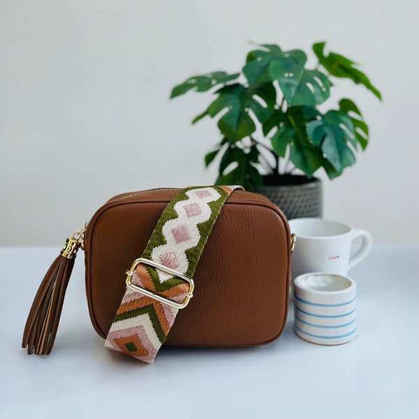 Olive Green and Tan Woven Bag Strap with tan leather tassel bag