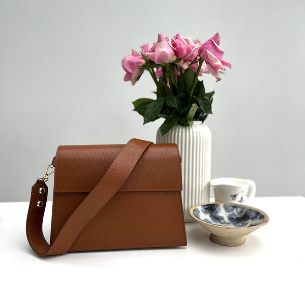 Tan Leather Structured Crossbody Bag