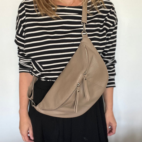 Taupe Leather Large Waist Bag (silver hardware)