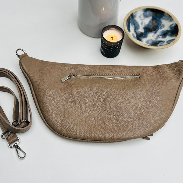 Taupe Leather Large Waist Bag (silver hardware)