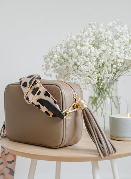 Taupe Leather tassel bag with Pink and Camel Animal Print Bag Strap