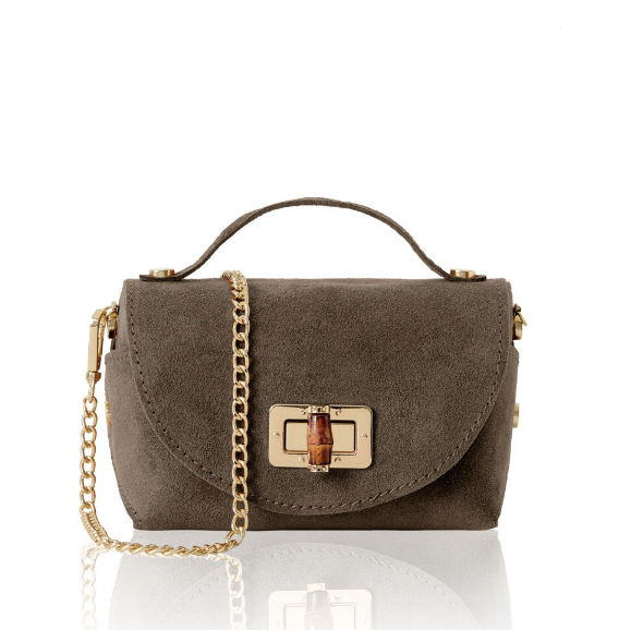 Brown suede handbag with a gold chain on a white background