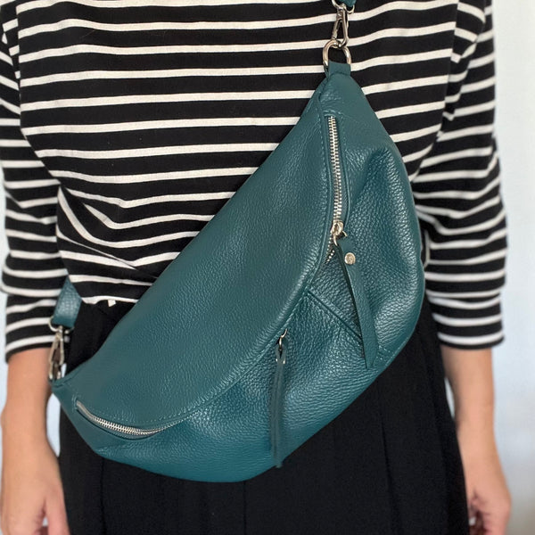 Teal Leather Large Waist Bag (silver hardware)