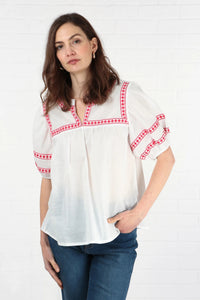 White Short Sleeve Cotton Blouse with Red Embroidery