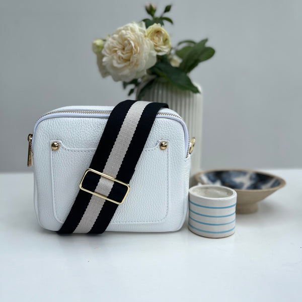Monochrome Stripe Bag Strap with white leather double zip bag