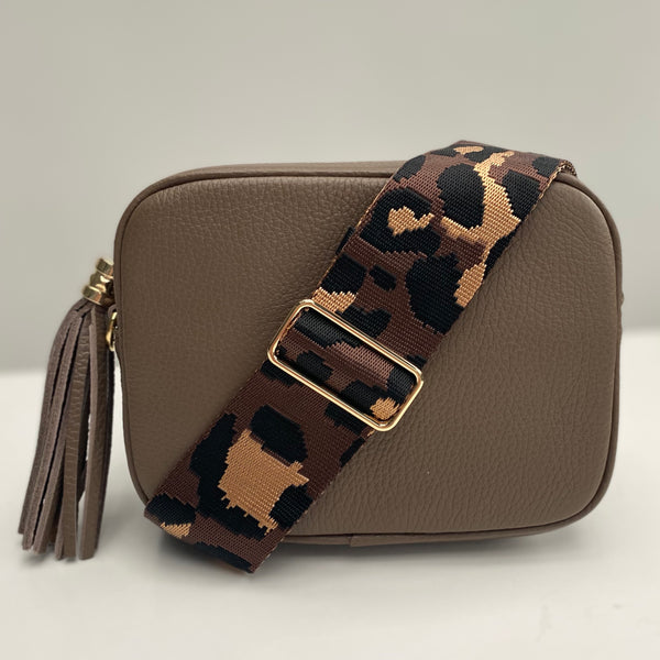 Black and Brown Animal Print Bag Strap with Taupe Leather Tassel Bags