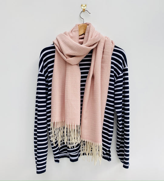 Ballet Pink Geometric Blanket Scarf worn with navy and white breton