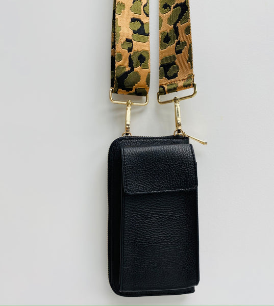 Black Leather Purse / Phone Crossbody with khaki and bronze animal print strap
