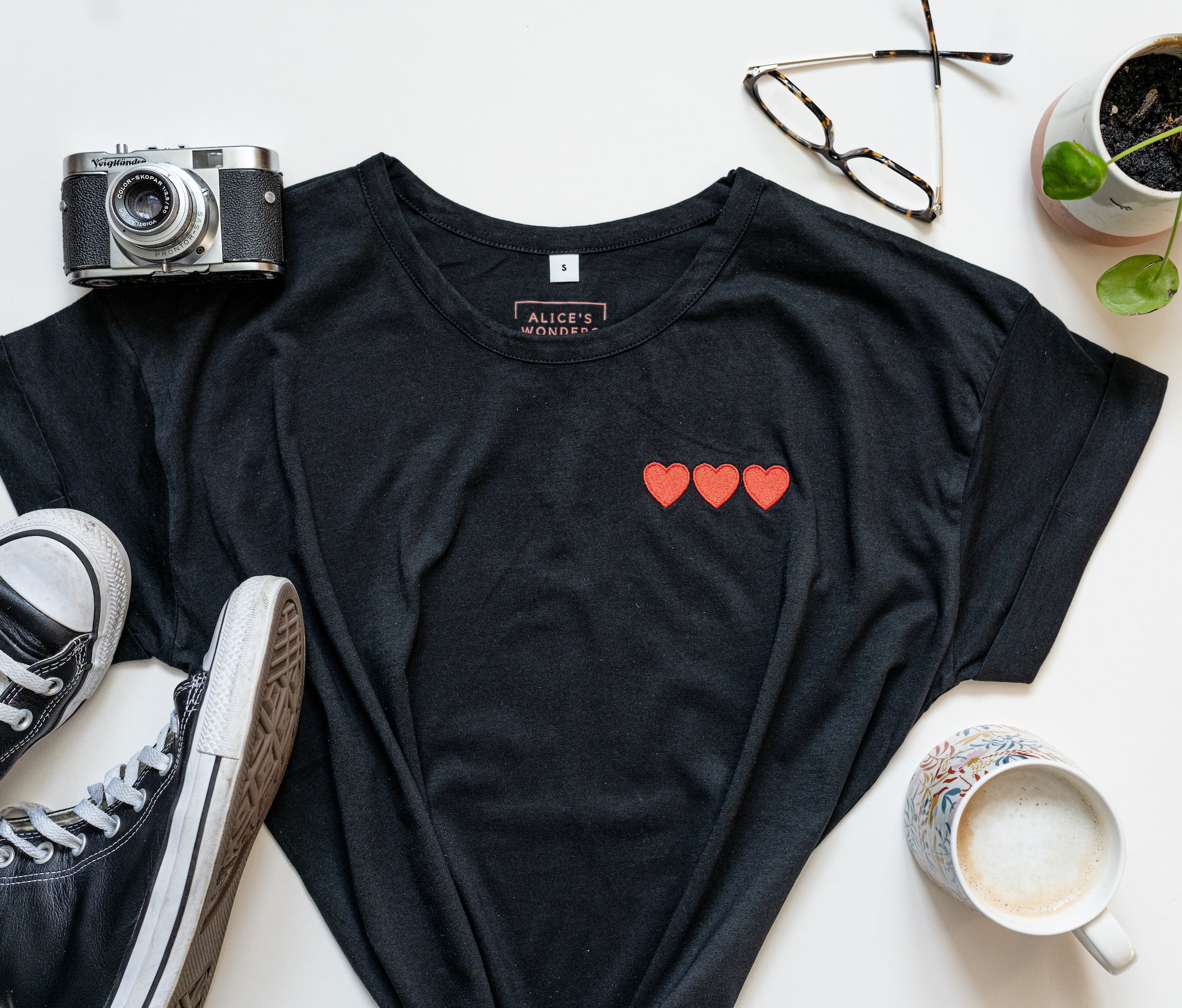 Triple Hearts Embroidered Black Tee - Boyfriend Fit