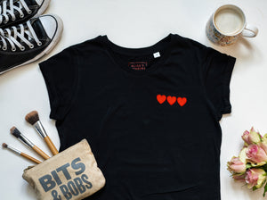 Triple Heart Embroidered Black Tee - Ladies Fit