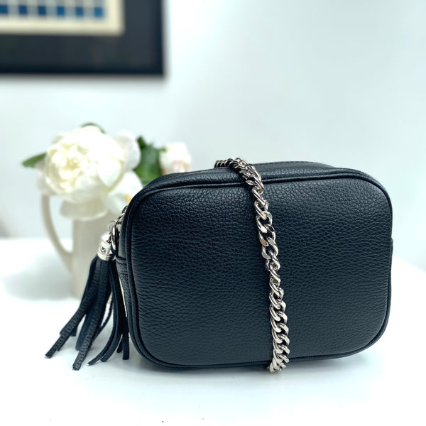 Silver Chain Bag Strap (11mm) with black leather tassel bag with silver hardware