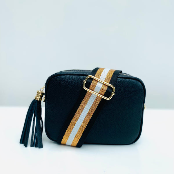 Black and Rose Gold Stripe Bag Strap with Black Leather Tassel Bag