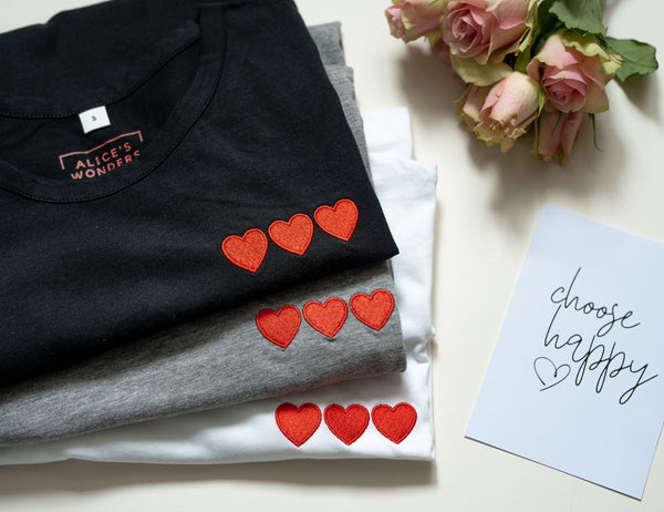 Triple Hearts Embroidered Grey White Black Tee - Boyfriend Fit