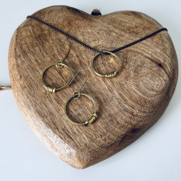 Brass Ribbon Hoop Pendant Necklace and earrings by Just Trade
