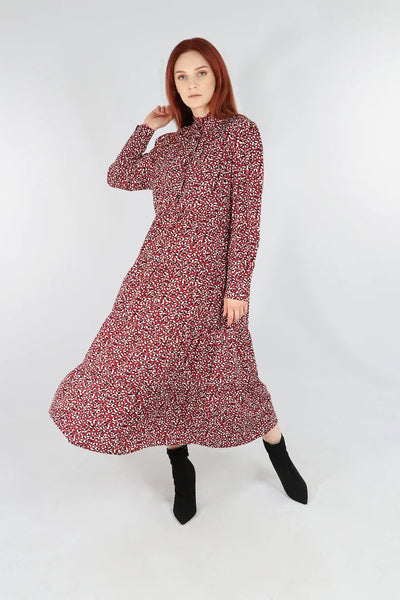 Burgundy Leopard Print Tiered Shirt Dress - with pockets