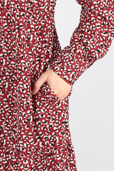 Burgundy Leopard Print Tiered Shirt Dress - with pockets