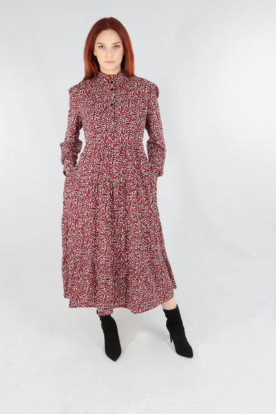 Burgundy Leopard Print Tiered Shirt Dress - with pockets