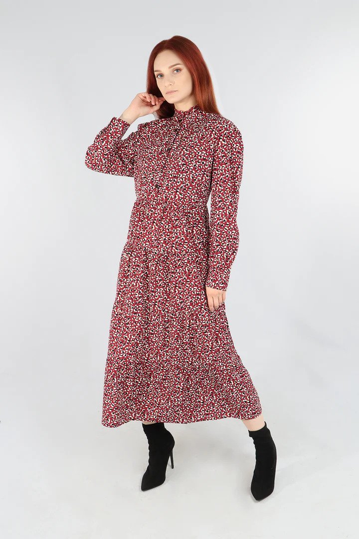 Burgundy Leopard Print Tiered Shirt Dress - with pockets