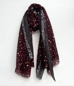 Burgundy and Charcoal Stripe Leopard Print Scarf