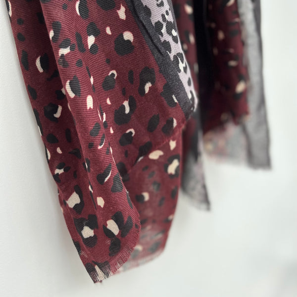 Burgundy and Charcoal Stripe Leopard Print Scarf