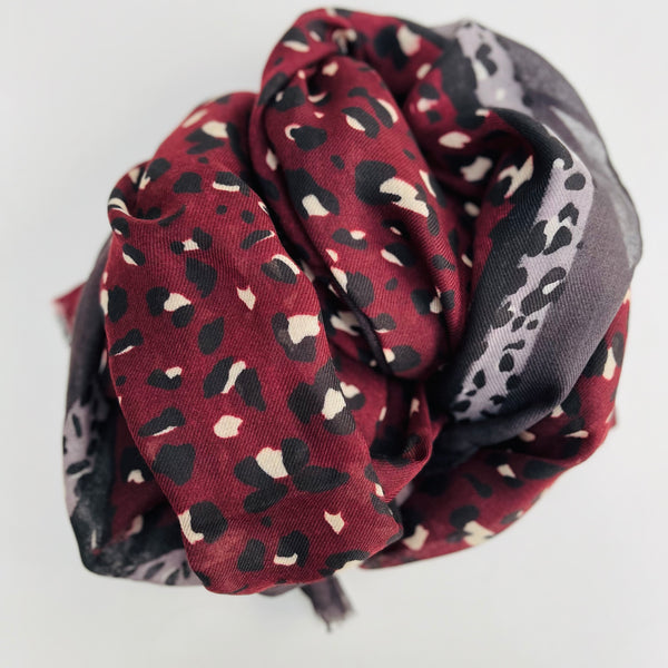 Burgundy and Charcoal Stripe Leopard Print Scarf