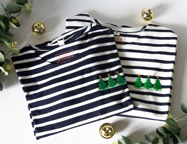 Christmas Tree Festive Embroidered Breton Tee - White/Navy