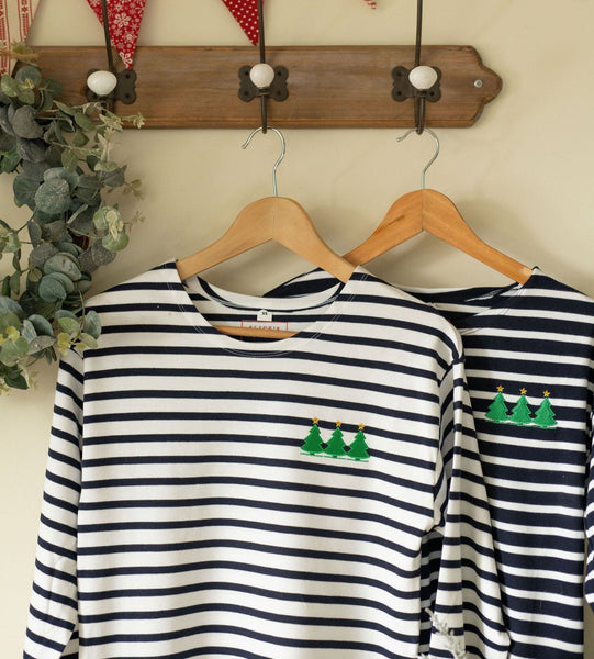 Christmas Tree Festive Embroidered Breton Tee - Navy/White