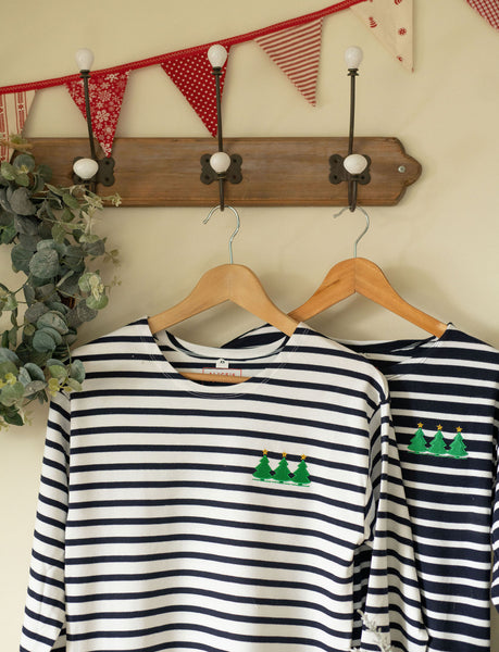 Christmas Tree Festive Embroidered Breton Tee - White/NavyChristmas Tree Festive Embroidered Breton Tee - White/Navy