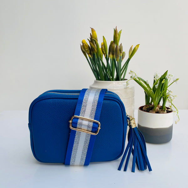 Cobalt Blue Leather Tassel Cross Body Bag and cobalt and silver leather bag strap