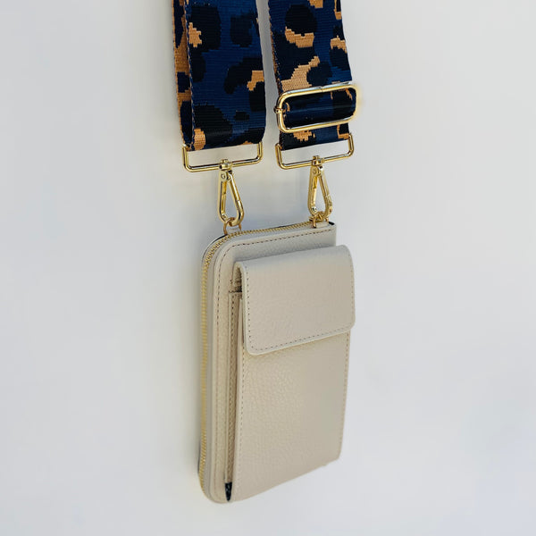 Cream Leather Purse / Phone Crossbody with navy animal print bag strap