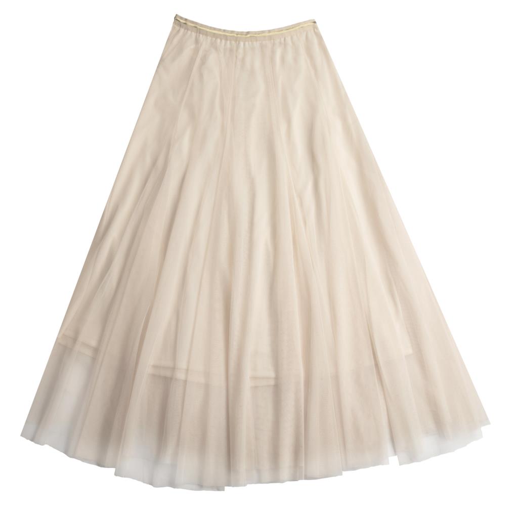 Cream Tulle Midi Skirt with Gold Waistband