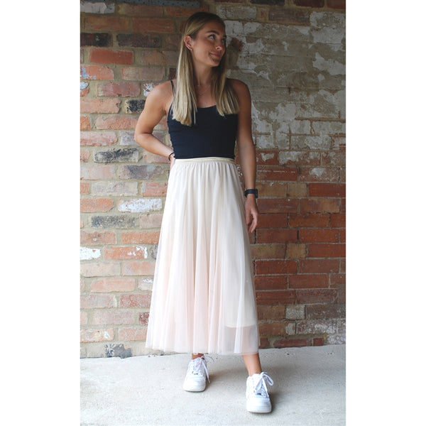 Cream Tulle Midi Skirt with Gold Waistband