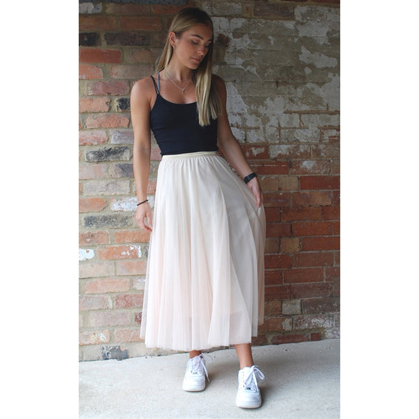 Cream Tulle Midi Skirt with Gold Waistband