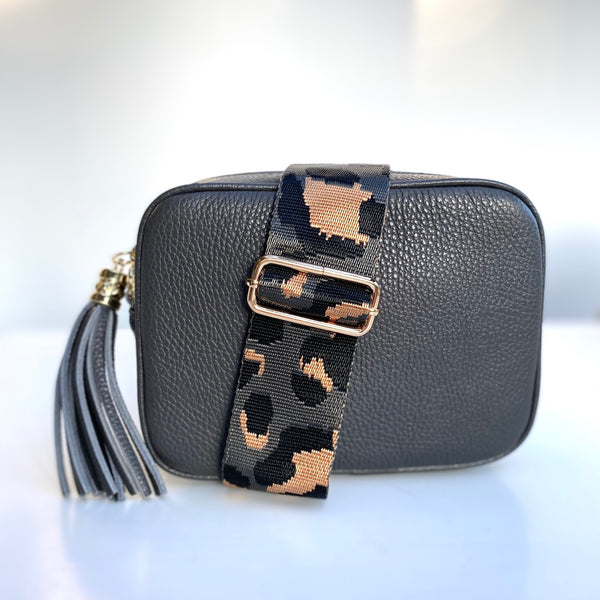 Dark Grey Leather Tassel Cross Body Bag with dark grey animal print bag strap
