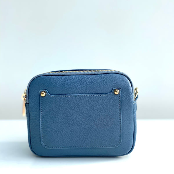 Denim Blue Leather Double Zip Cross Body Bag