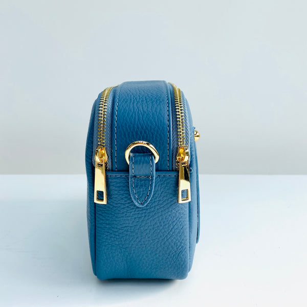 Denim Blue Leather Double Zip Cross Body Bag