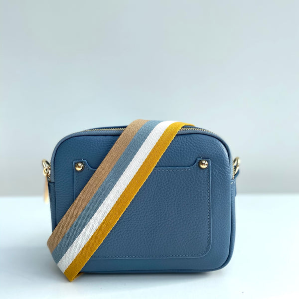 Denim Blue Leather Double Zip Cross Body Bag with yellow and blue detachable strap