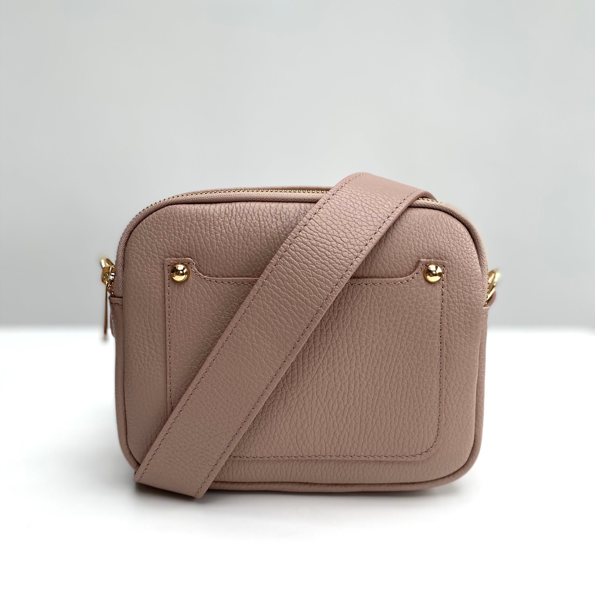 Dusky Pink Leather Double Zip Cross Body Bag strap