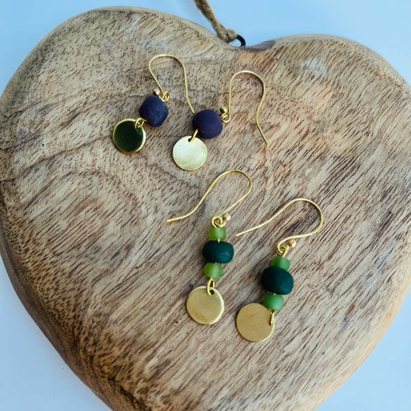 Dusky Pink Beaded Earth Barrel and Green  Earth Trio Drop Earrings from Just Trade.