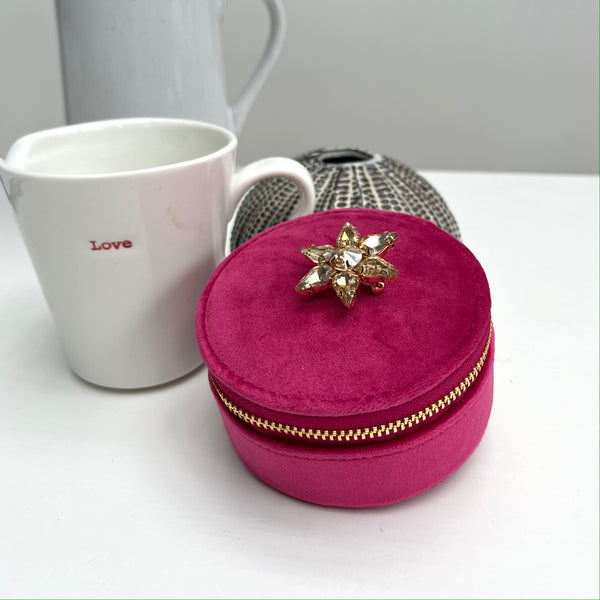 Fuchsia Pink Velvet Travel Jewellery Pot with Jewel Star Pin