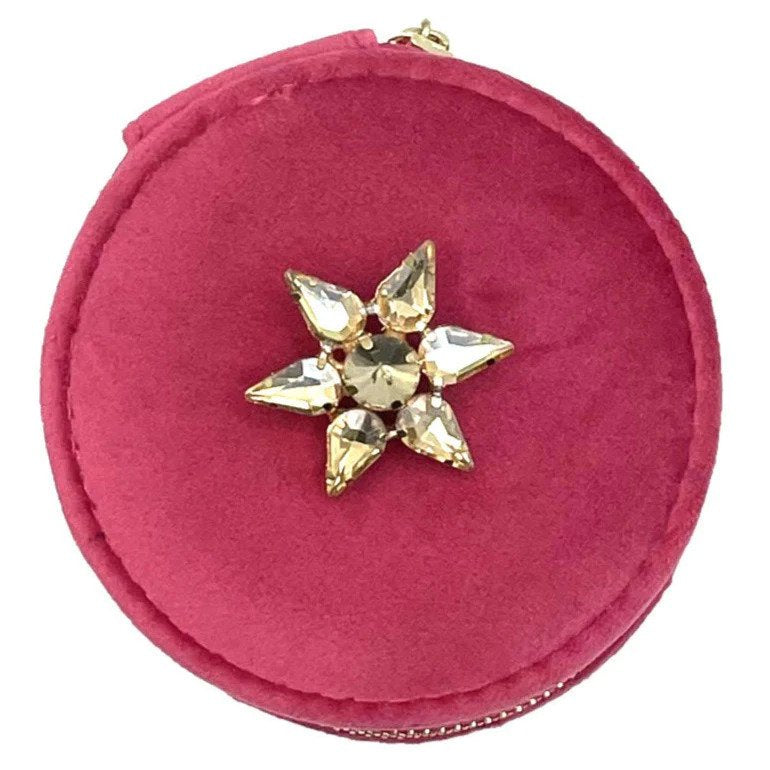 Fuchsia Pink Velvet Travel Jewellery Pot with Jewel Star Pin