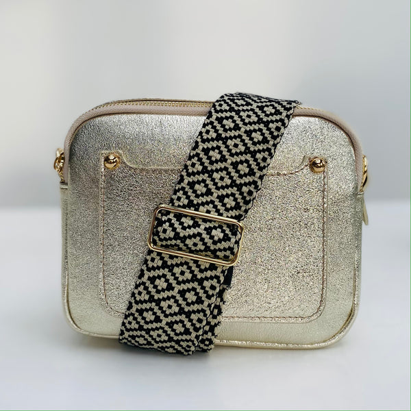 Gold Leather Double Zip Cross Body Bag with monochrome geometric bag strap