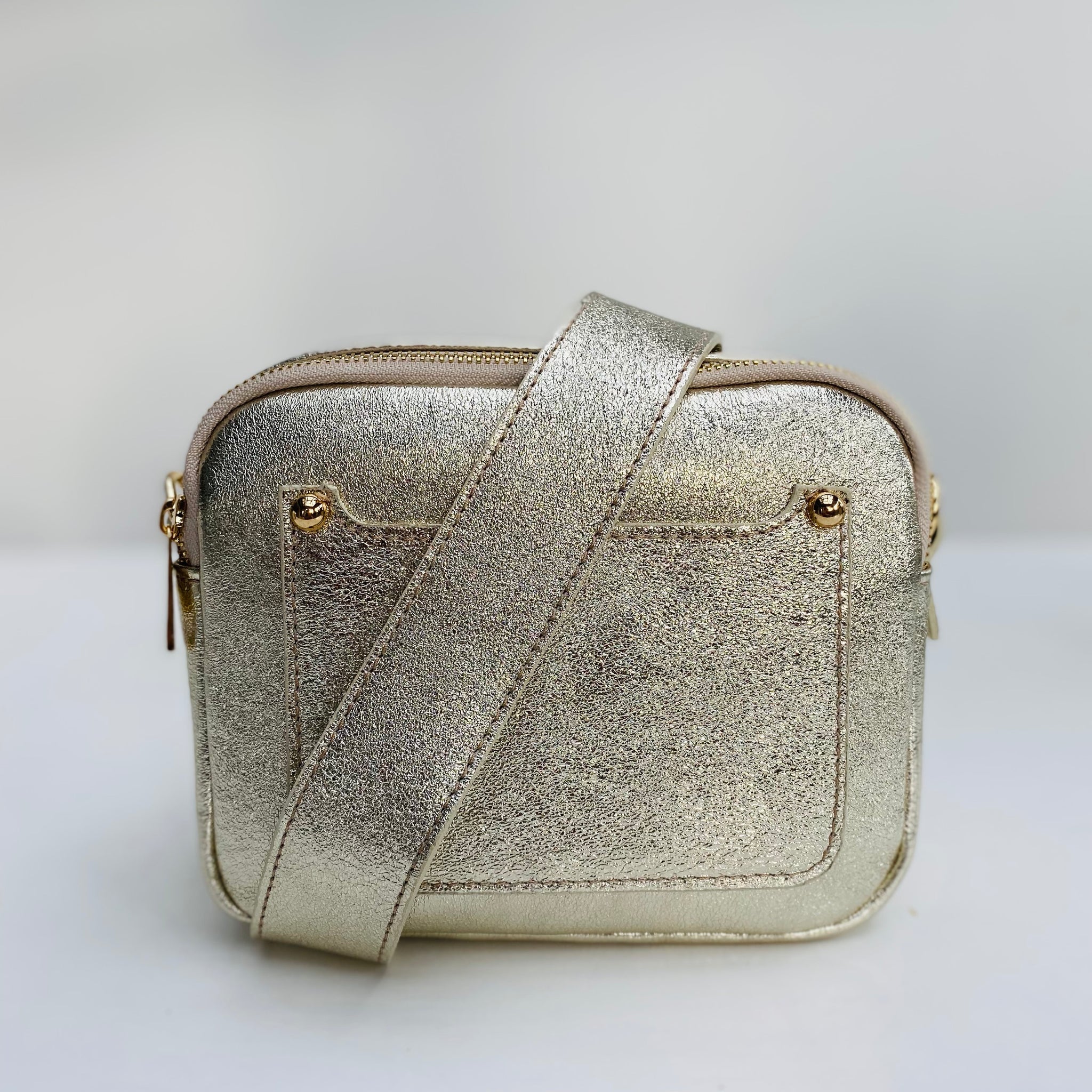 Gold Leather Double Zip Cross Body Bag