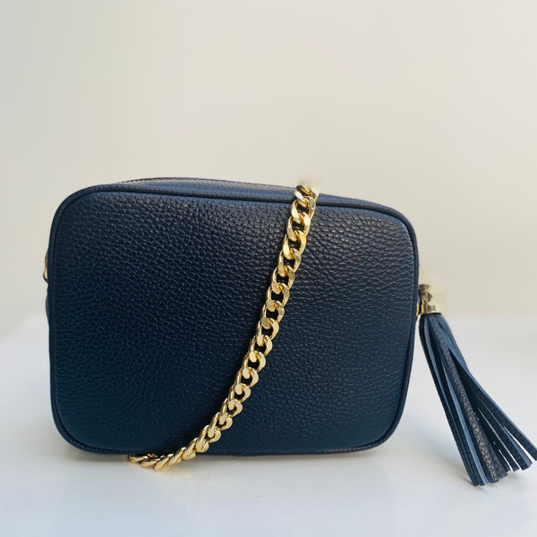 Gold Chain Bag Strap 11mm with black leather tassel bag