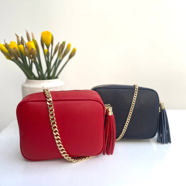 Gold Chain Bag Strap (7mm and 11mm) with red and black leather tassel bags